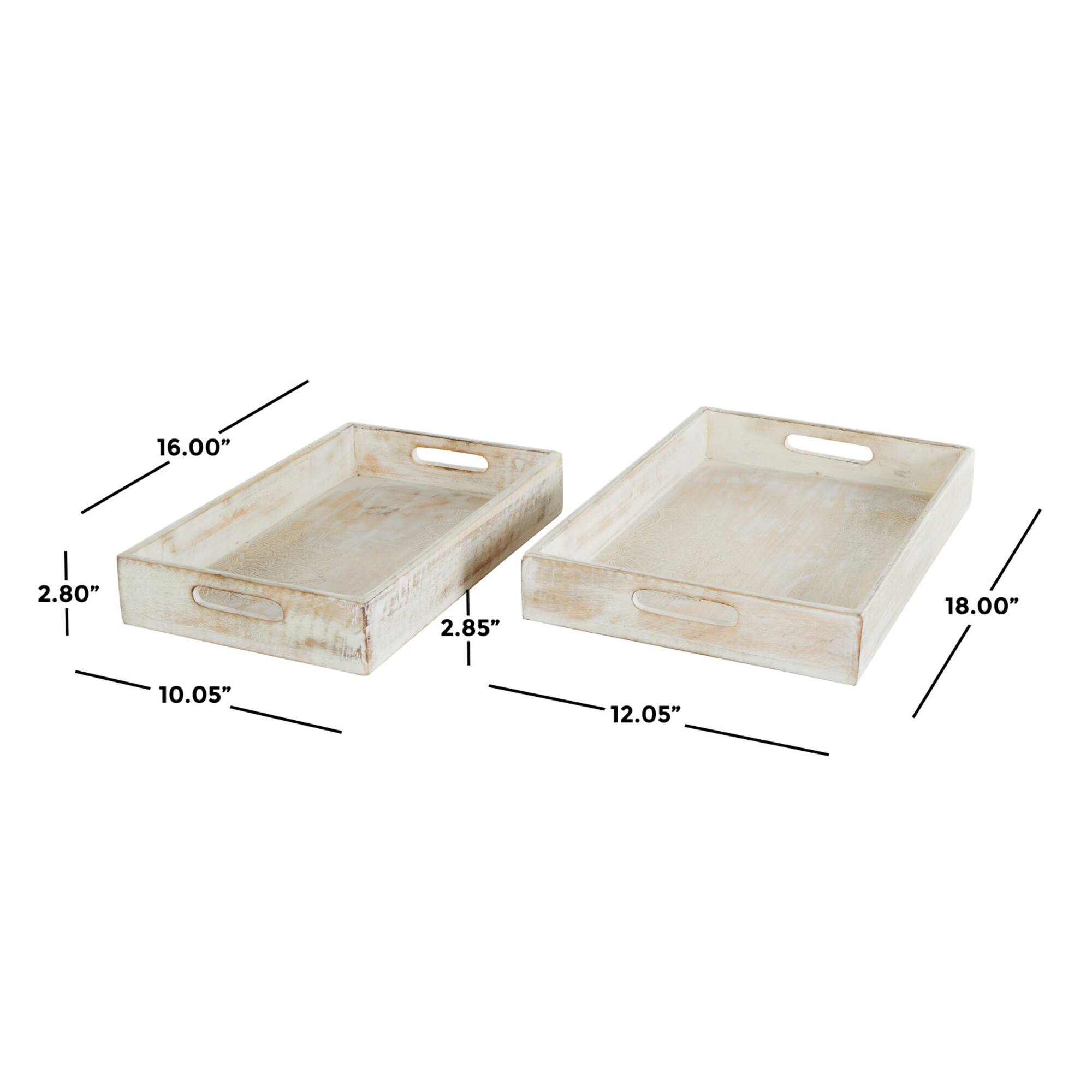 Whitewashed Carved Mandala Mango Wood Tray Set